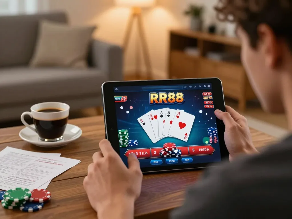 Player engaging with RR88 online casino on tablet, vibrant poker interface visible, cozy gaming atmosphere with strategic notes.