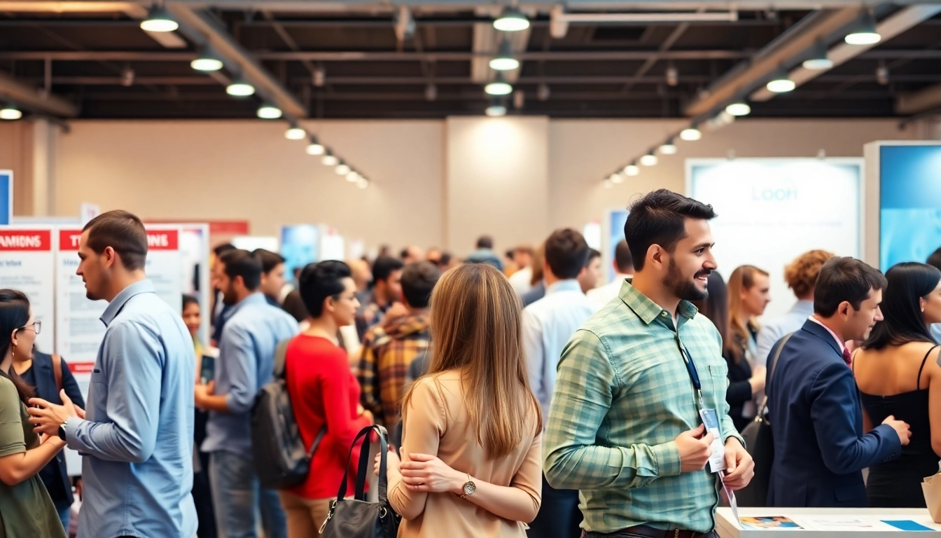 Explore diverse Stellenangebote at a vibrant job fair, with professionals networking actively.