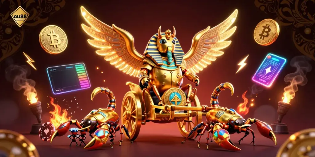 Bet on success with au88's vibrant casino environment featuring a golden beetle and crypto elements.