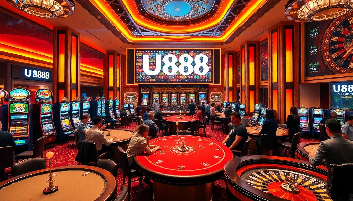 Experience the thrilling ambiance of U888 casino with players enjoying varied gambling activities.