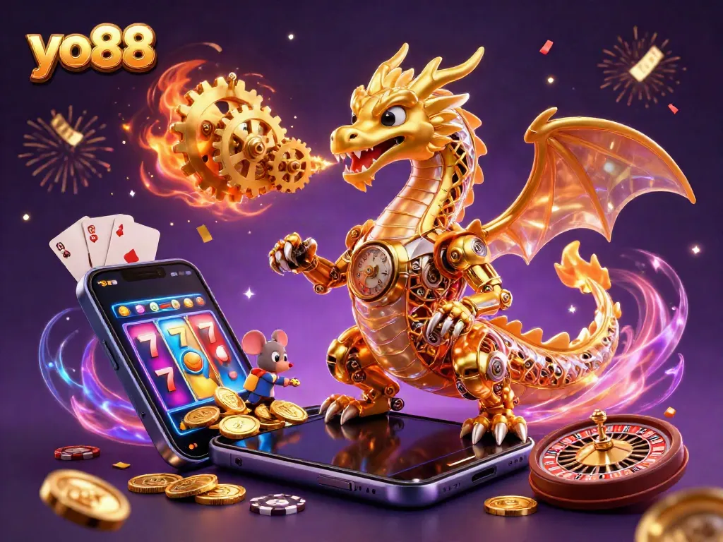 Experience thrilling gaming action at yo88 with a golden dragon and dynamic slot game elements.