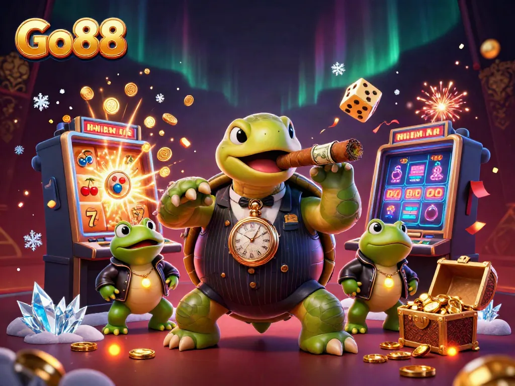 Engage with Go 88's vibrant casino scene featuring cartoon characters and dynamic gaming elements.