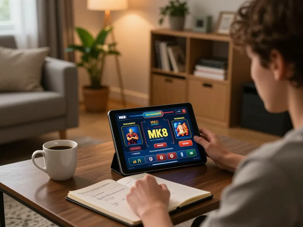 Engaging in online gambling with MK8th app on tablet, showcasing strategic gameplay atmosphere.