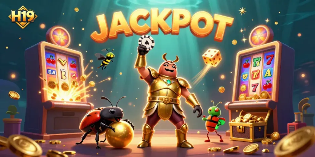 Experience the excitement of H19 with a dynamic scene featuring lucky characters and rich casino elements.