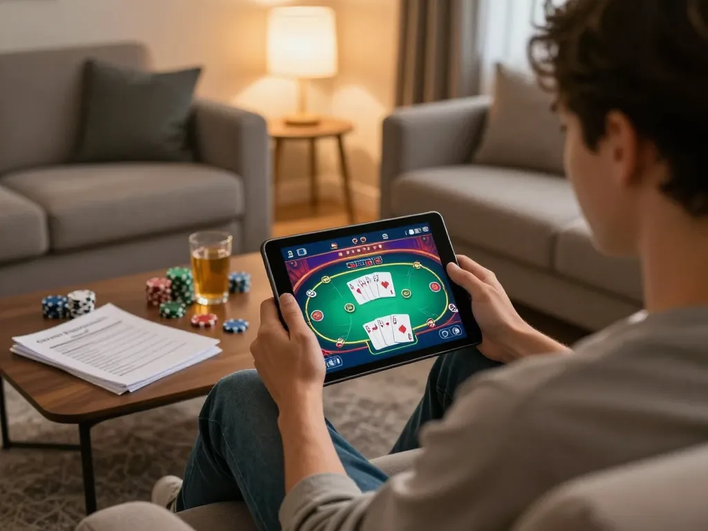 Engaging in online poker gameplay at home with 78winvina showcasing strategy and excitement.