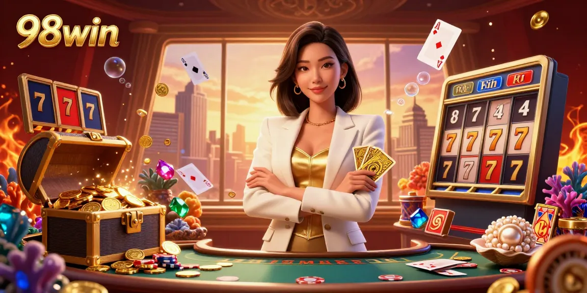 Engage with thrilling poker adventures at 98win, led by a glamorous dealer character in a dynamic casino scene.