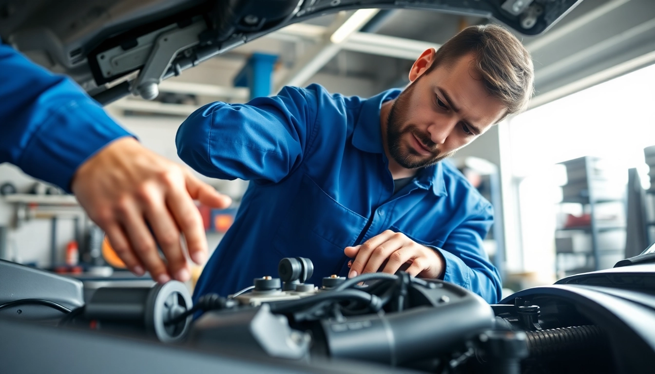 Motorschaden Ankauf: Mechanic inspecting damaged engine with tools in workshop.