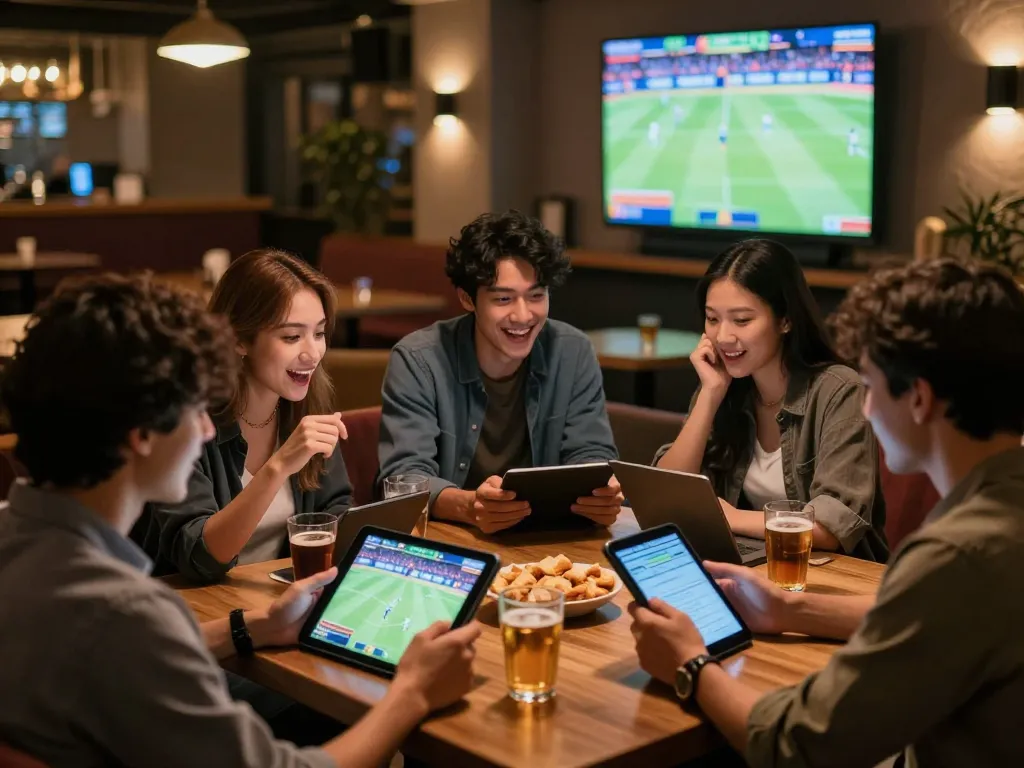 TOPBET enthusiasts placing bets during a live sports game, mobile devices in hand, engaging atmosphere