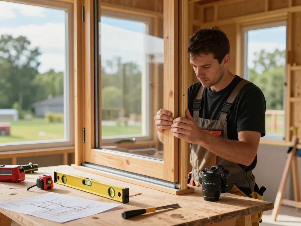 Expertenzimmermann, der einen Holzfensterrahmen während des Fensterbaus einbaut und dabei Handwerkskunst und natürliches Licht zeigt.