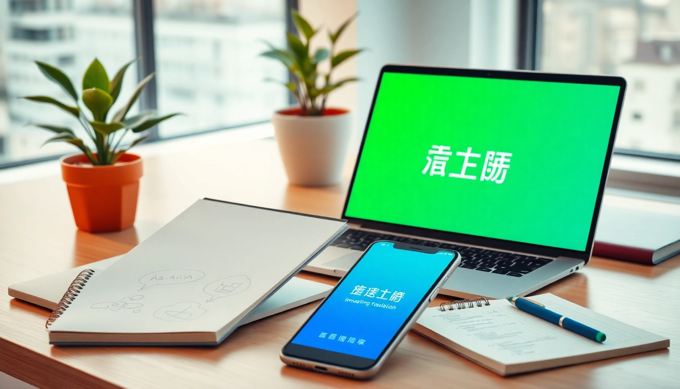有道 translation app showcased on modern devices in a vibrant workspace.