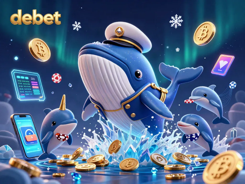 Experience thrilling debet gaming with a cartoon whale, colorful coins, and dynamic dolphin tricks.