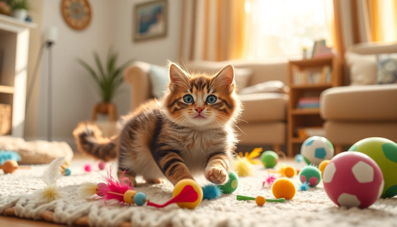 Spiele mit spielzeuge für katzen in einer lebhaften Wohnzimmenszene