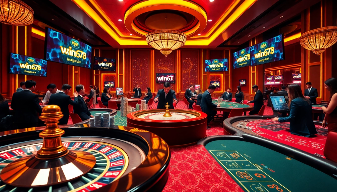 Exciting scene of win678 online gambling with luxurious casino elements and enthusiastic players.
