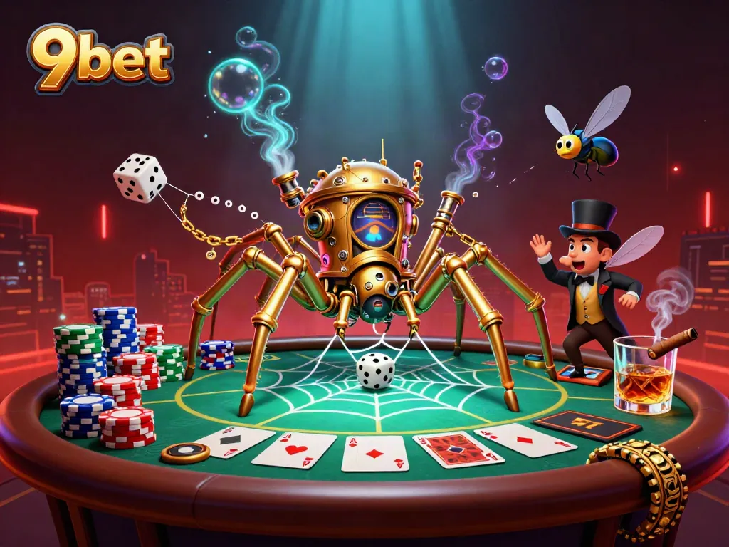 Engage with 9bet's thrilling casino experiences aboard a marvelous steampunk illustration of a web of fortune