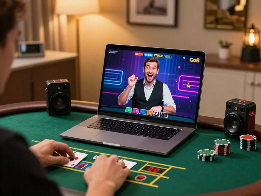 Engaging online gameplay at Go8 with a player interacting with a live dealer on laptop