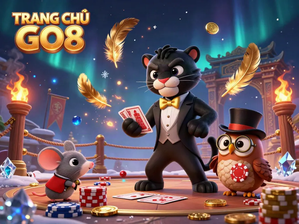 Experience the excitement of TRANG CHỦ GO8 with a stylish panther, owl, and lucky mouse in a vibrant casino scene.