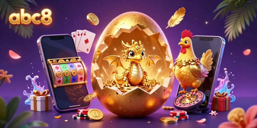 Experience the exciting world of abc8 with a golden baby dragon, poker chips, and dynamic casino elements around.