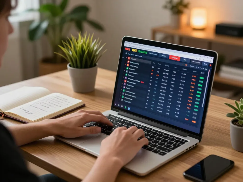 Engaging in MK8 sports betting on a laptop with strategic notes and warm ambiance