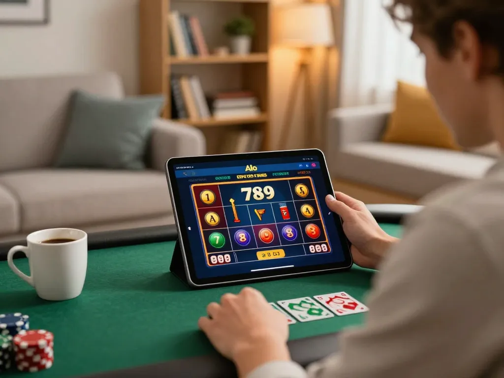 Person engaging with Alo 789 online casino on a tablet, immersed in strategic gaming.