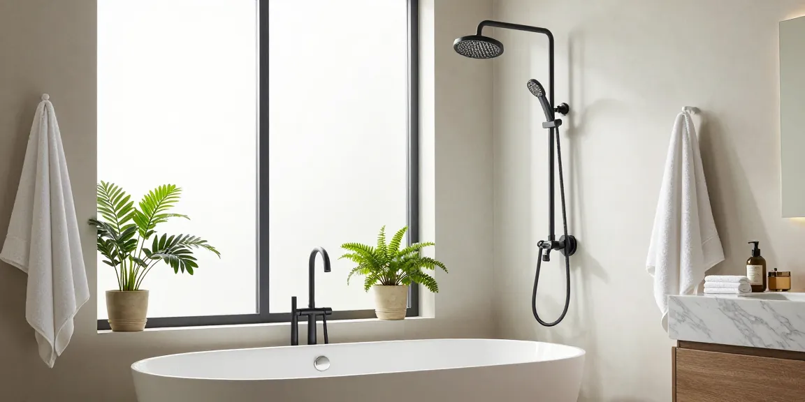 Grohe regendouche zwart geïnstalleerd in een luxueuze badkameromgeving met elegante armaturen en natuurlijk licht.