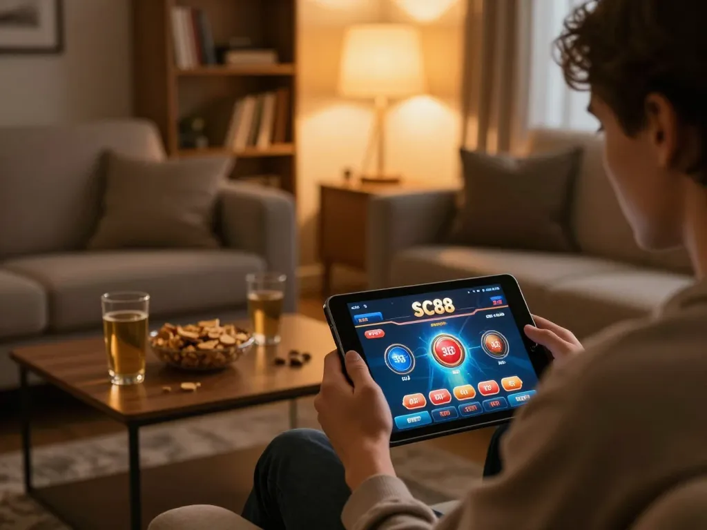 Engaging scene of a person playing SC88 online casino on a tablet in a cozy home setting.