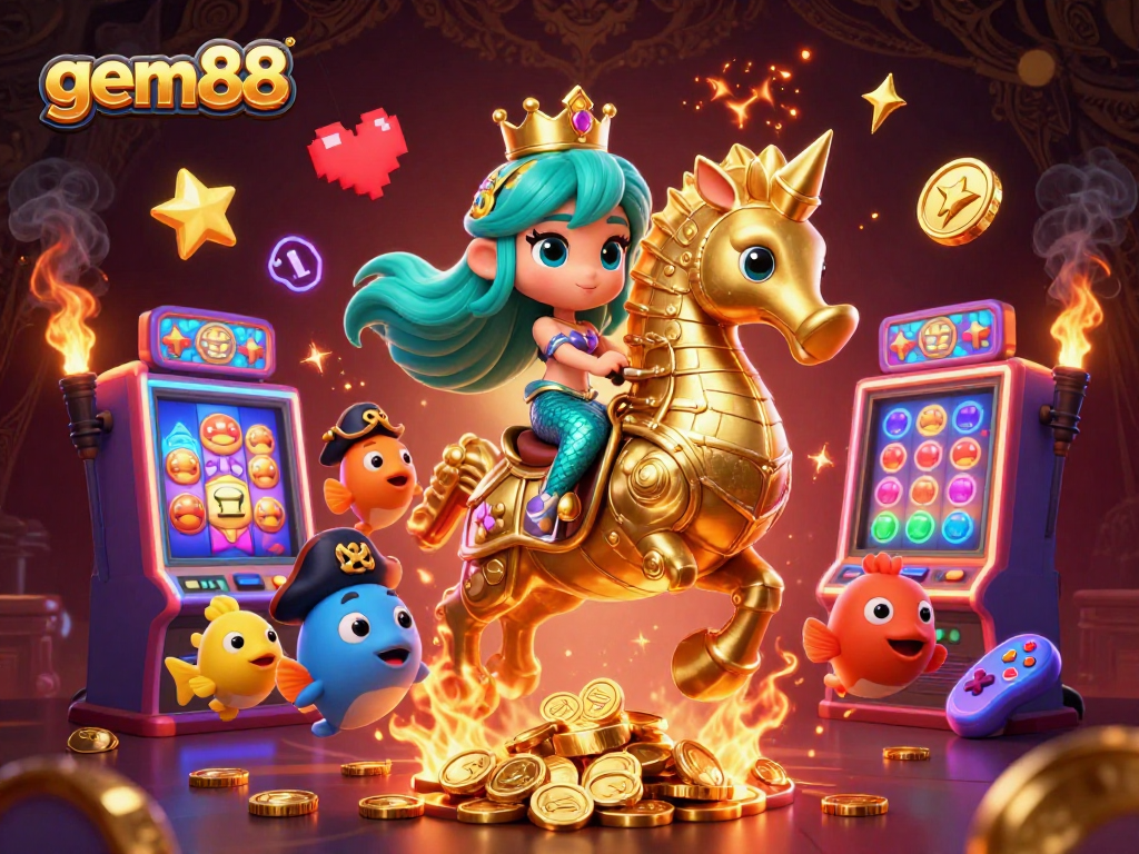 Experience the excitement of gem88 with colorful 3D casino elements around a mermaid princess and friends.