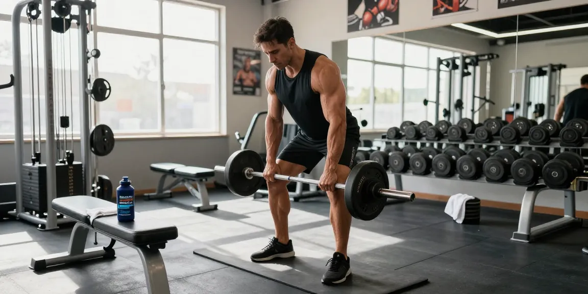 Professioneller Bodybuilder im Selliza Shop Fitnessstudio, bereit für das Training, umgeben von hochwertigem Fitnesszubehör.