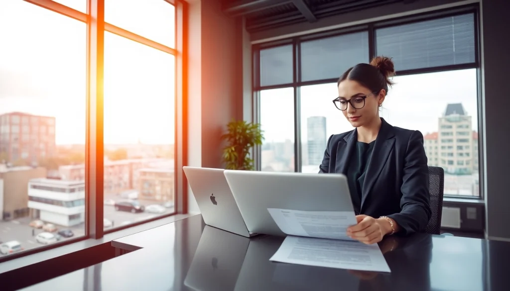 Headhunter Saarbrücken: Personalberaterin arbeitet im modernen Büro mit Blick auf die Stadt.