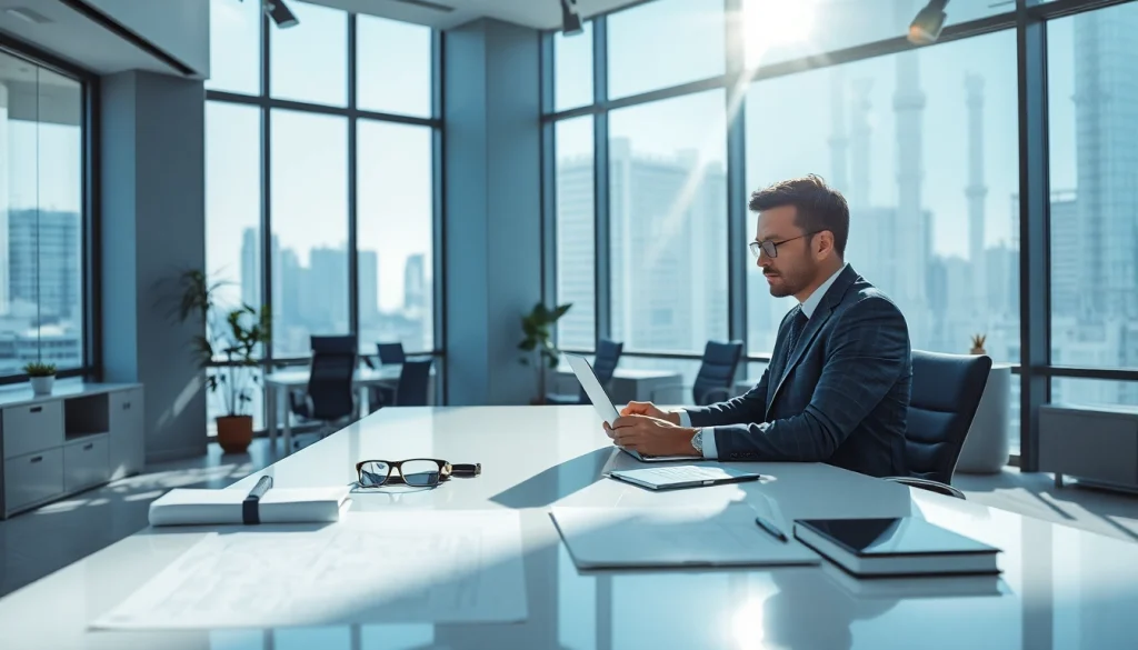 Headhunter Ingenieure arbeitet in einem modernen Büro mit technischen Zeichnungen und Laptop.