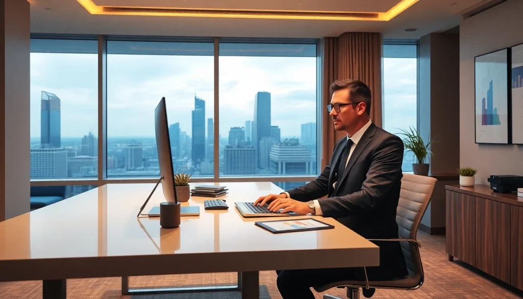 Headhunter Finance bei der Arbeit in modernem Büro mit Stadtblick.