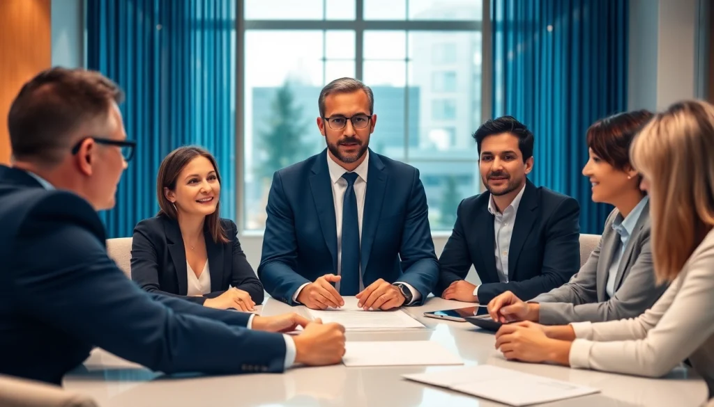 Headhunter discusses recruitment strategies with clients in a modern office setting.