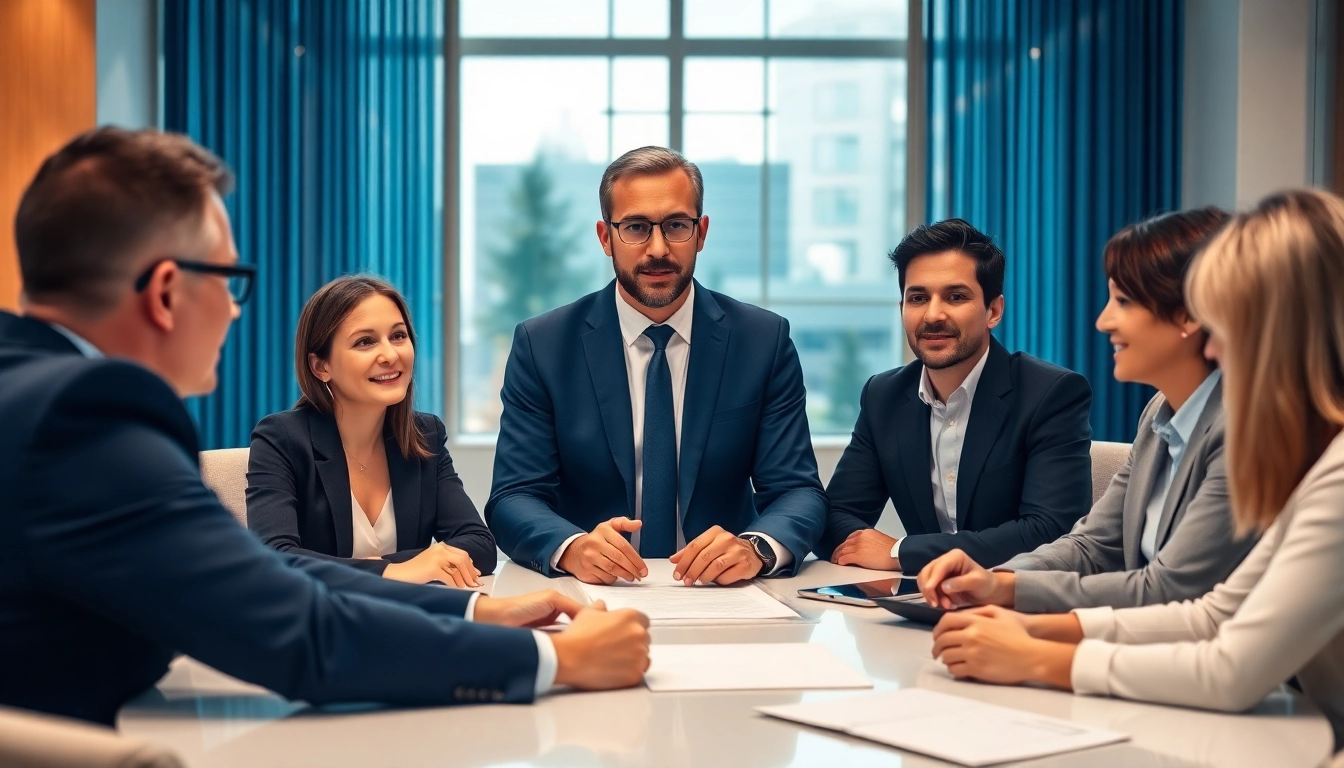 Headhunter discusses recruitment strategies with clients in a modern office setting.
