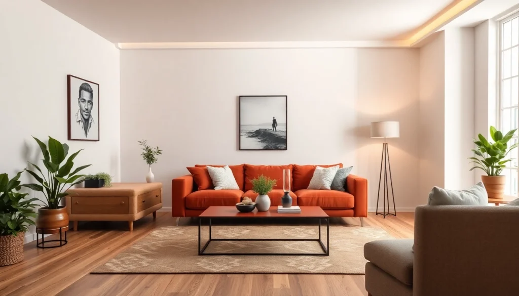 Stylische Raumgestaltung eines modernen Wohnzimmers mit eleganten Möbeln und Dekoration.