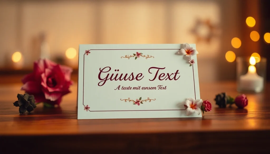 Karten mit eigenem Text in ansprechender Atmosphäre auf einem Tisch, umgeben von Blumen und Kerzen.