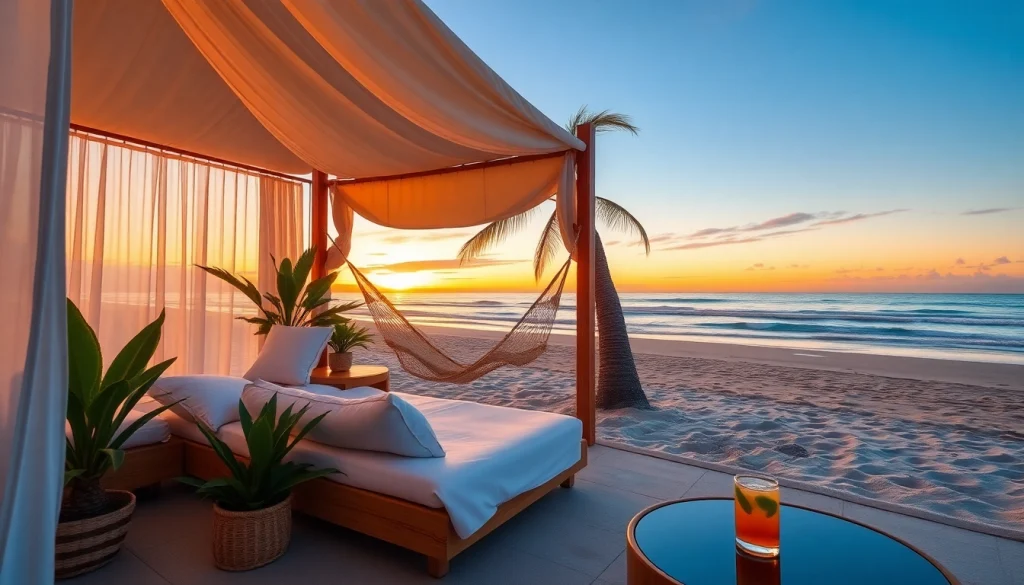 Relax and unwind at a stunning coastal cabana with tropical surroundings.