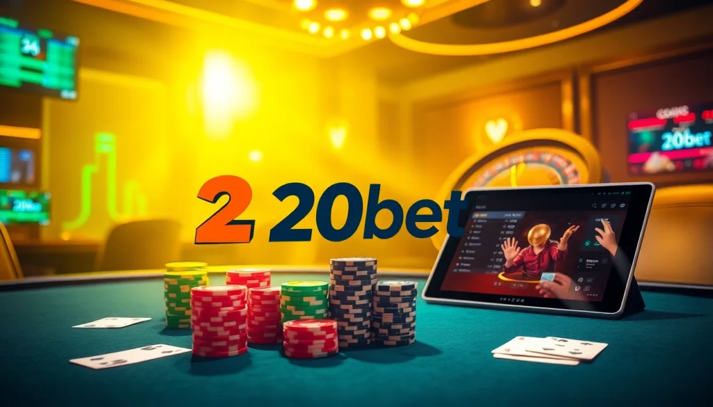 Experience excitement with 20bet at a luxurious casino table filled with vibrant poker chips and cards.
