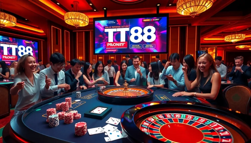 Experience an exciting poker game at TT88, with vibrant chips and luxurious casino ambiance.