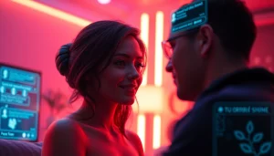 Engaging scene of a user interacting with a lifelike character in a porn AI chat setting, surrounded by warm colors and digital elements.