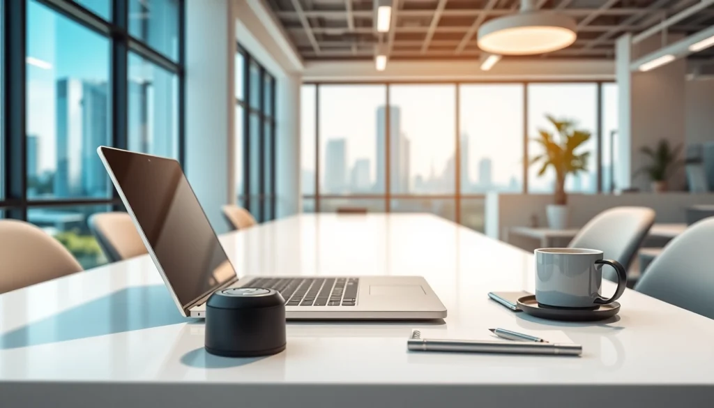 Technologie-Setup in modernem Büro, zeigt innovative Geräte und einen produktiven Arbeitsplatz.