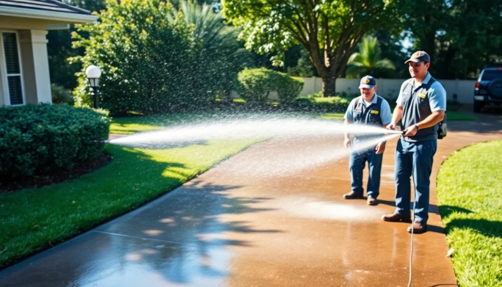 Driveway pressure wash by professionals transforming a home's exterior in Kissimmee, Florida.