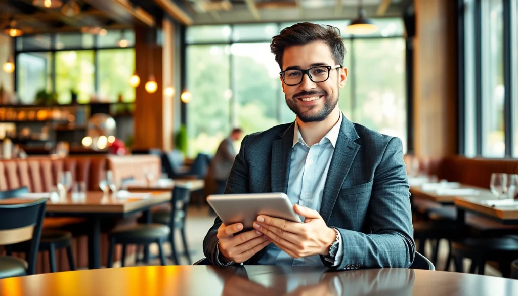 Headhunter Gastronomie analysiert Talente in einem modernen Restaurantumfeld mit einem Tablet.