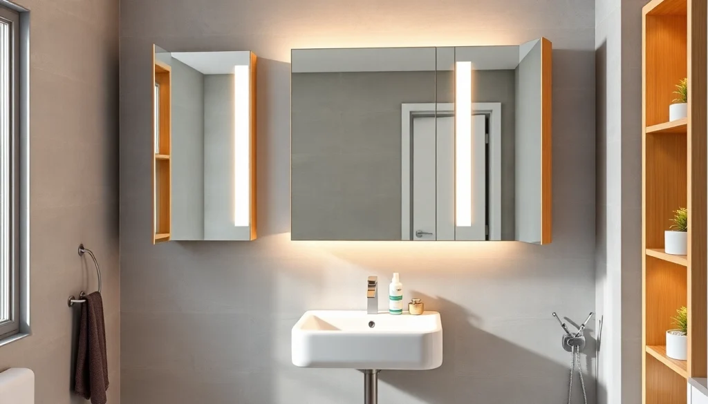 sonni Spiegelschrank mit warmem LED-Licht in modernem Badezimmer-Setup