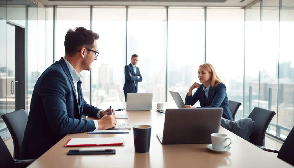 Headhunter Schweiz führt ein professionelles Gespräch in modernem Büro.