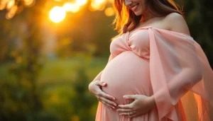 Babybauch Fotoshooting einer schwangeren Frau in einer malerischen Umgebung, die für Atmosphäre sorgt.