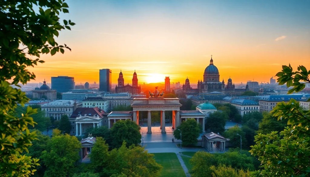 Drohnenfotos Berlin: Luftaufnahme von Berlins Wahrzeichen bei Sonnenuntergang.