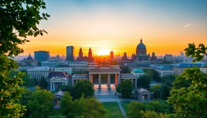 Drohnenfotos Berlin: Luftaufnahme von Berlins Wahrzeichen bei Sonnenuntergang.