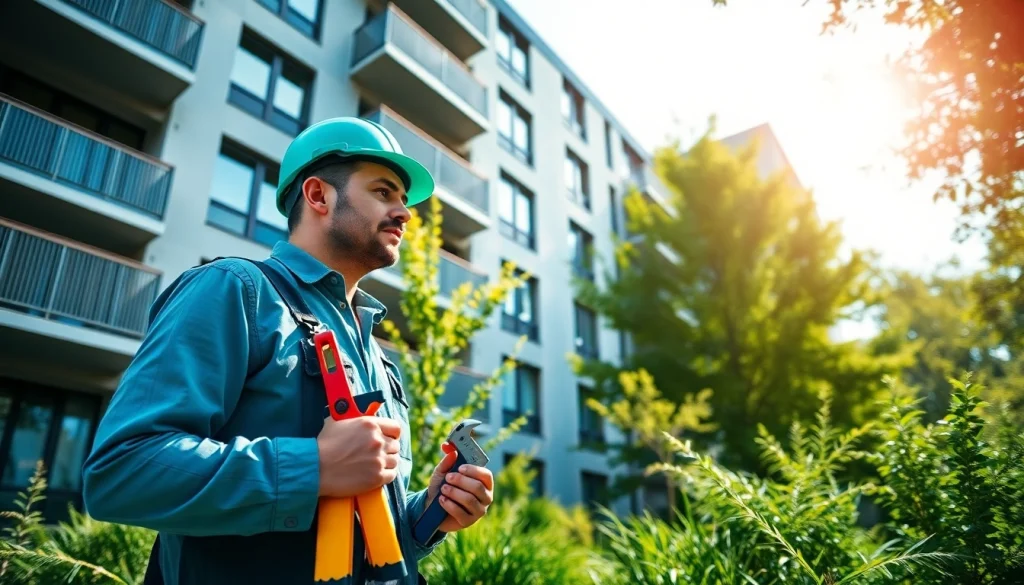 Ein Hausmeister in München, der ein modernes Wohngebäude inspiziert und sicherstellt, dass alles in einwandfreiem Zustand ist.