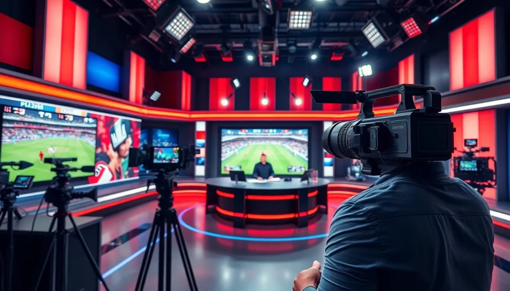 Engaging scene depicting Sports Broadcasting setup with host, cameras, and vibrant studio.