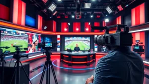 Engaging scene depicting Sports Broadcasting setup with host, cameras, and vibrant studio.
