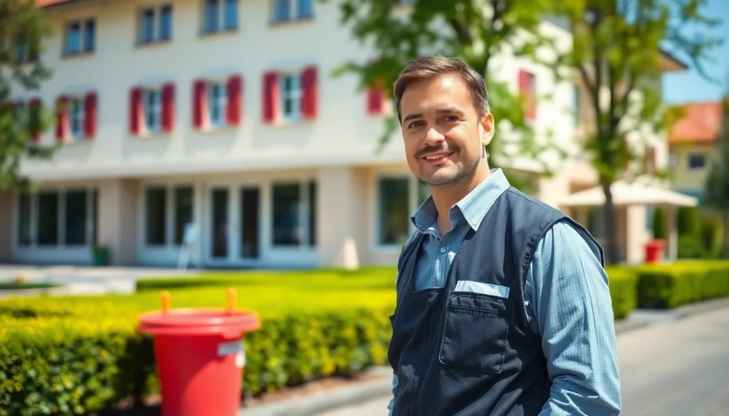 Hausmeister in München prüft sorgfältig die Umgebung eines gepflegten Gebäudes.